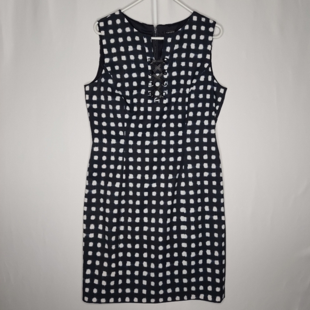 Tahari Sheath Dress 12 Blue White Polka-dot Sleeveless Laced Classic Office‎